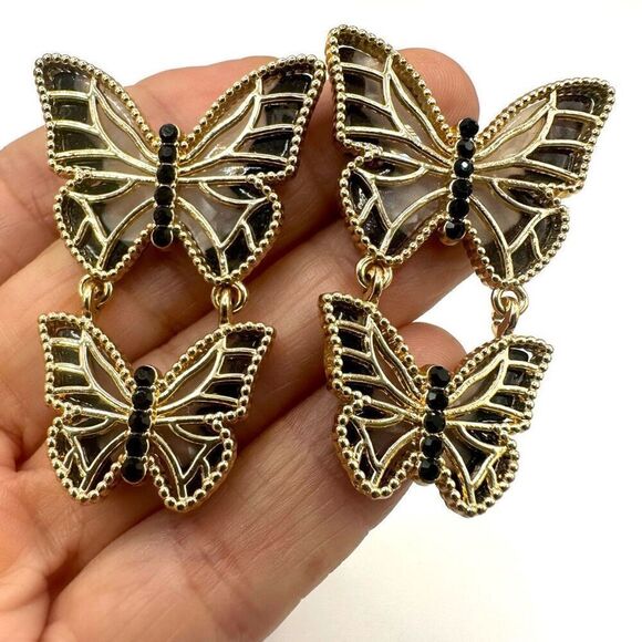 Double Butterfly Gold tone and black post drop earrings - Picture 8 of 8